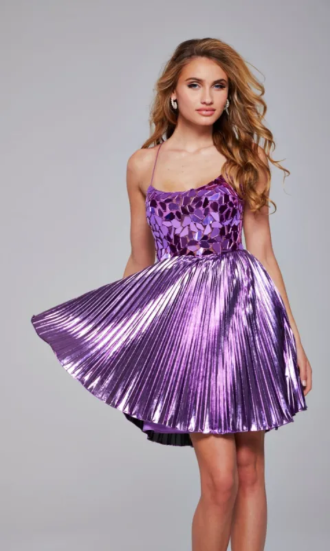 Short Metallic Pleated Hoco Dress: Jovani 40350 sold by PromGirl