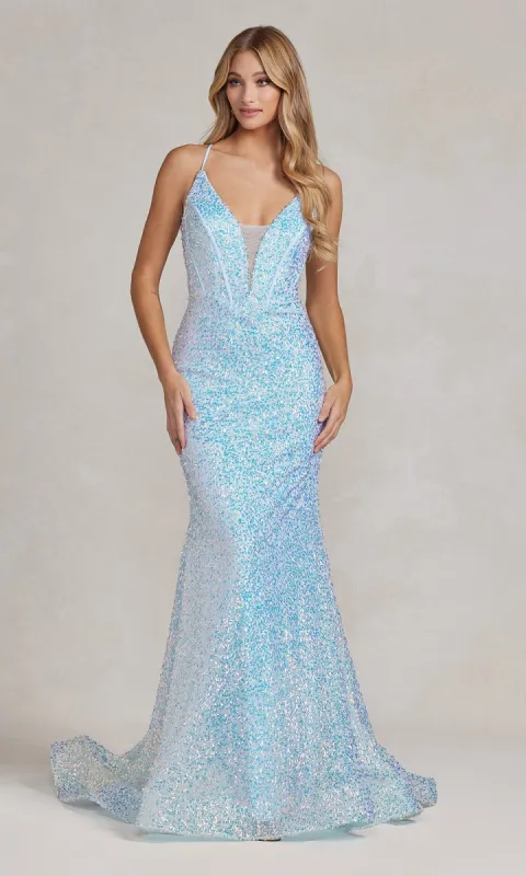 Corset-Back Deep V-Neck Long Sequin Prom Dress sold by PromGirl