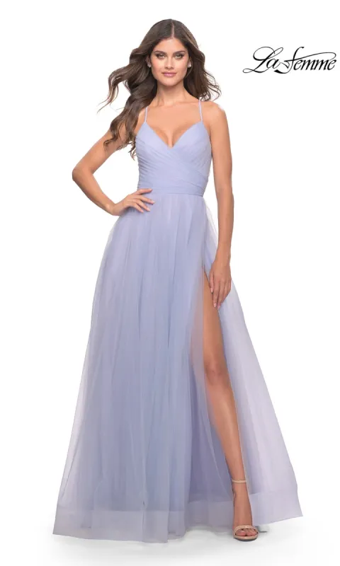 La Femme Wrap-Bodice Long A-Line Prom Dress 31501 sold by PromGirl