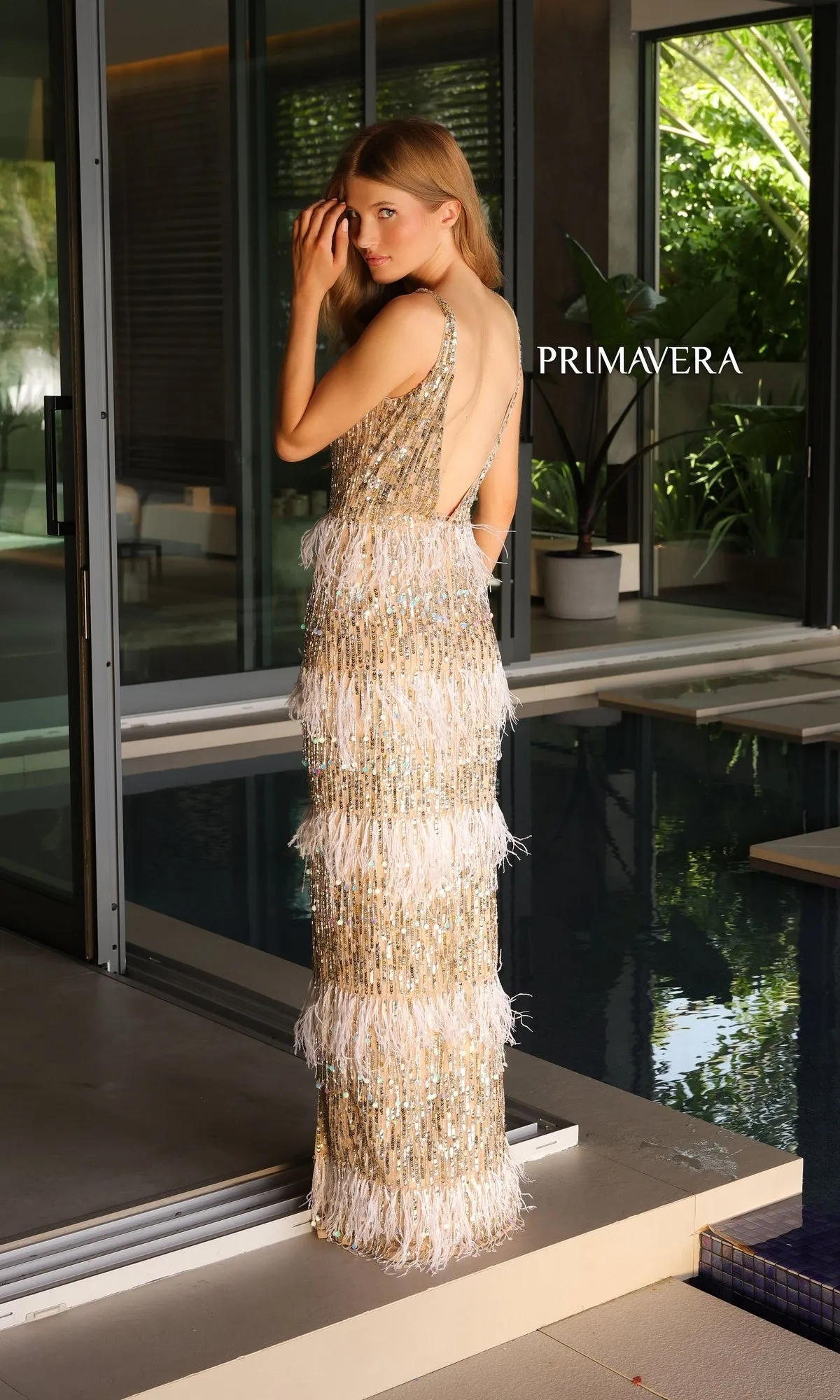 Primavera Long Beaded and Feathered Prom Gown 4132 sold by PromGirl product image thumbnail 5