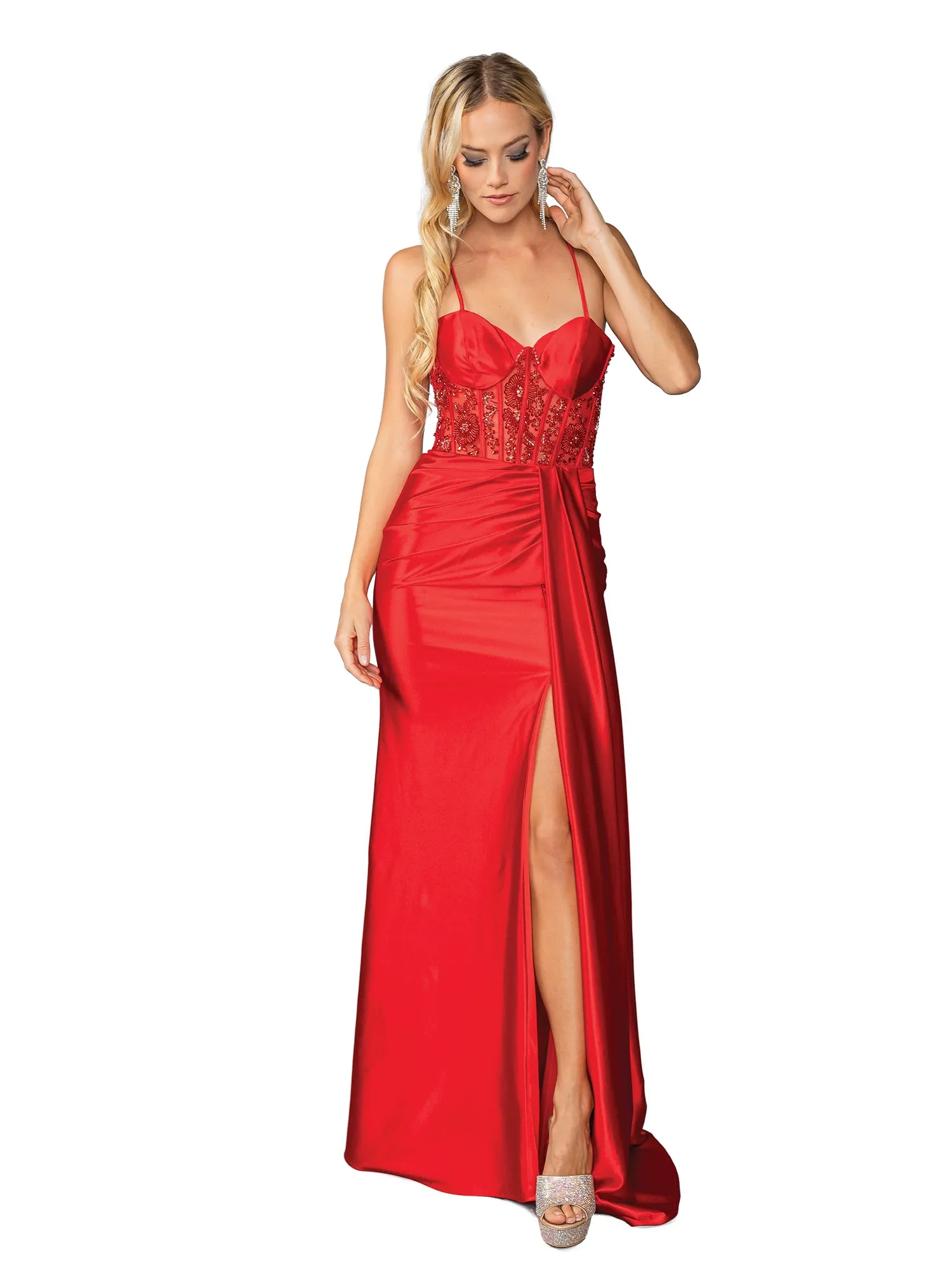 Drape-Front Long Prom Dress: Dancing Queen 4439 sold by PromGirl
