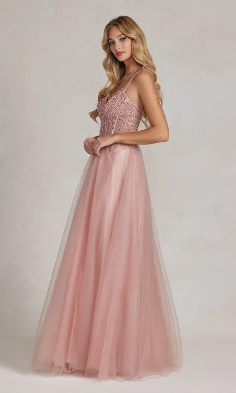 Beaded-Sheer-Bodice Rose Gold Prom Ball Gown sold by PromGirl
