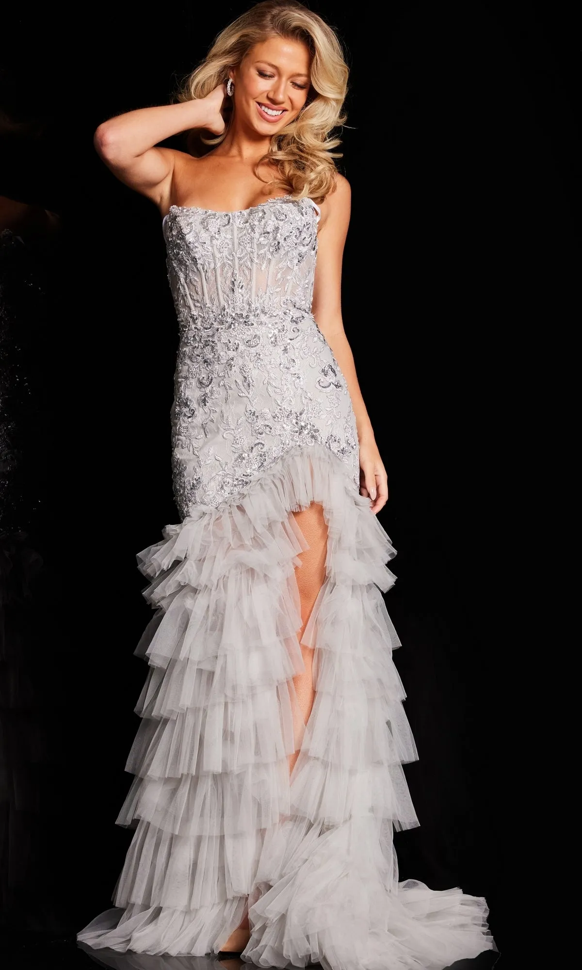 Jovani Long Silver Ruffled Prom Dress 38489 sold by PromGirl product image thumbnail 4