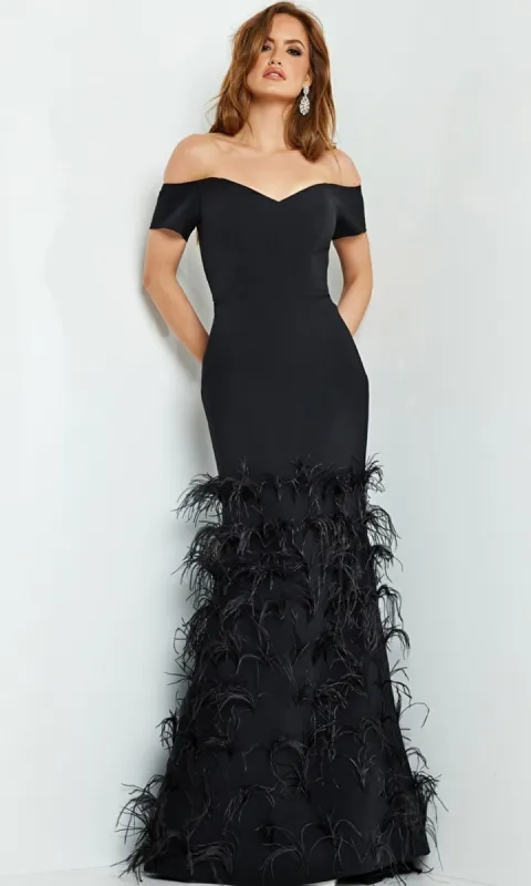 Off-Shoulder Feather Mermaid Gown: Jovani 08384 sold by PromGirl