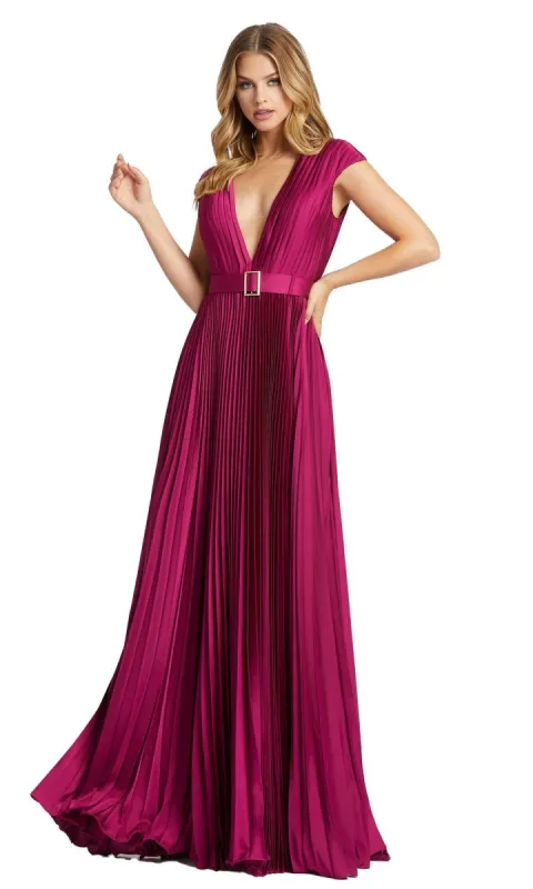 V-Neck Belted Pleated Formal Dress: Mac Duggal 26285 sold by PromGirl