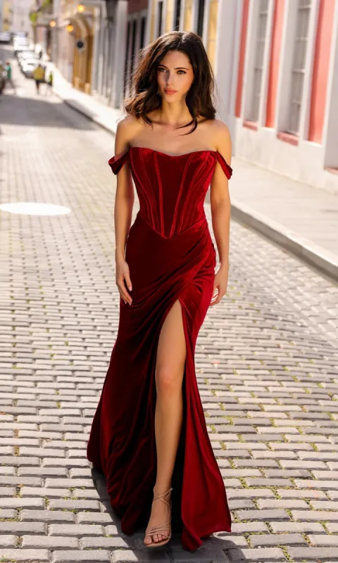 Off-the-Shoulder Long Velvet Prom Dress R1244 sold by PromGirl
