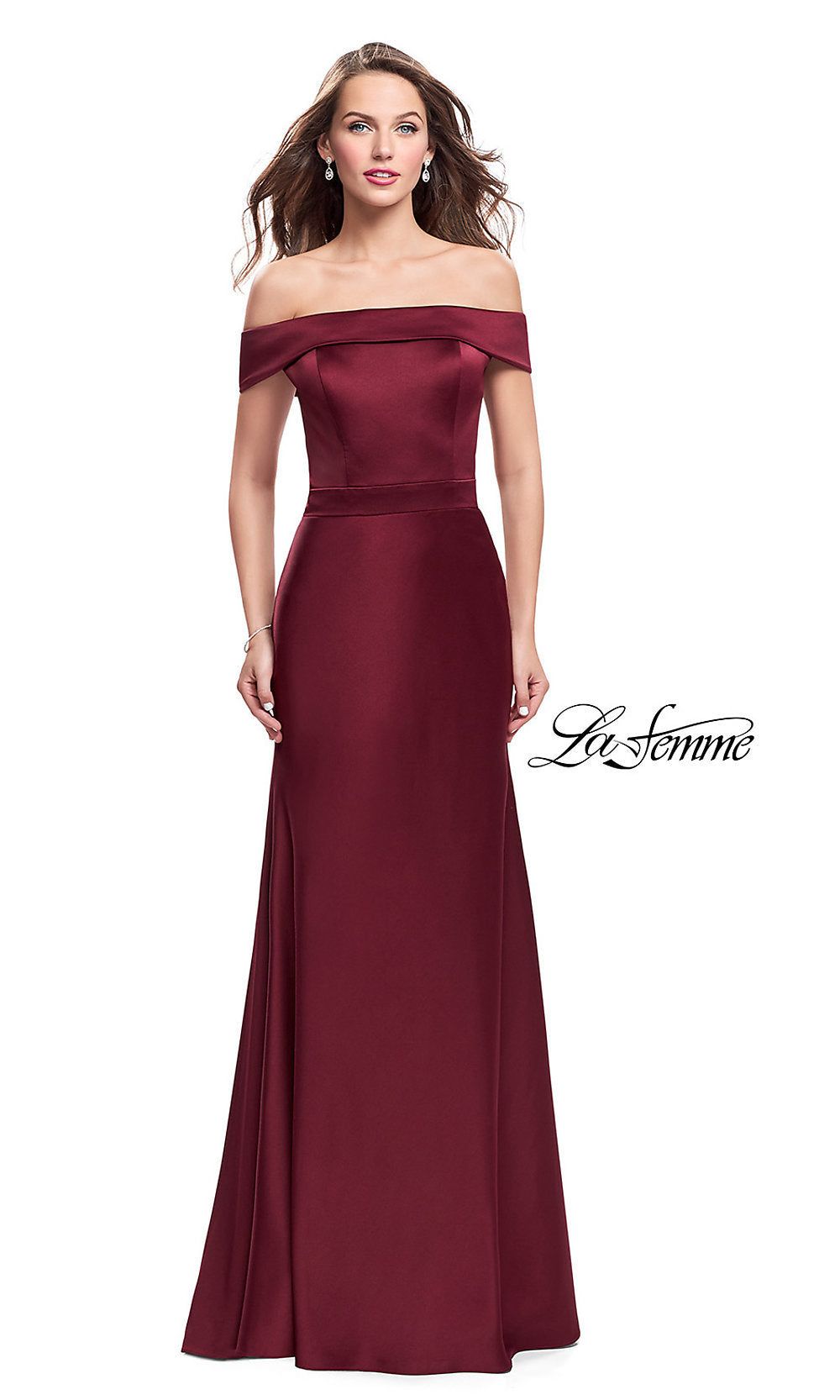 La Femme Off-the-Shoulder Long Prom Dress sold by PromGirl