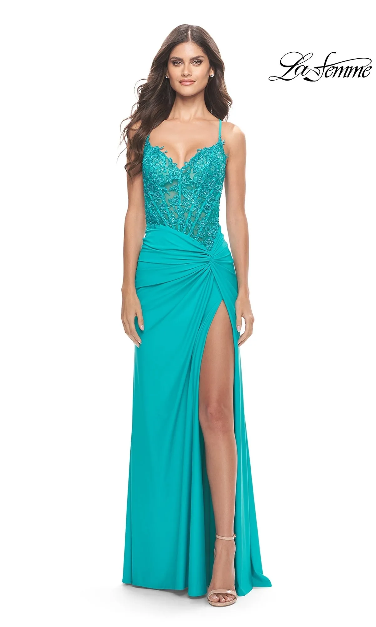 Sheer-Bodice Long Prom Dress: La Femme 31447 sold by PromGirl