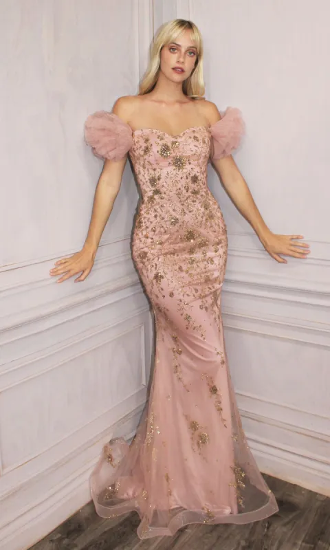 Puff-Sleeve Glitter-Print Long Prom Dress CD250 sold by PromGirl