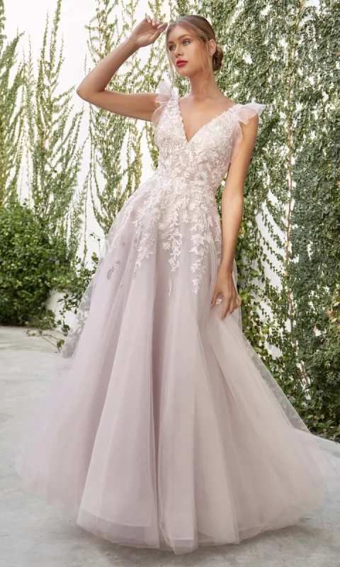 Mauve Pink Cap-Sleeve Long Prom Ball Gown A1018 sold by PromGirl