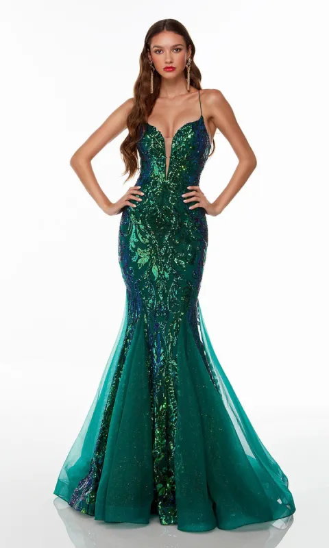 Emerald Green Sequin-Print Long Mermaid Prom Dress sold by PromGirl
