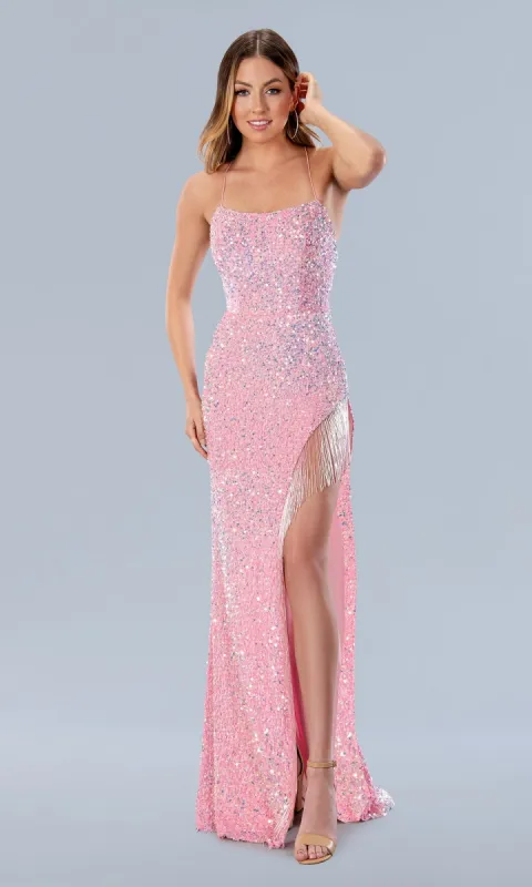 Fringe-Trimmed Long Beaded Prom Dress 24116 sold by PromGirl