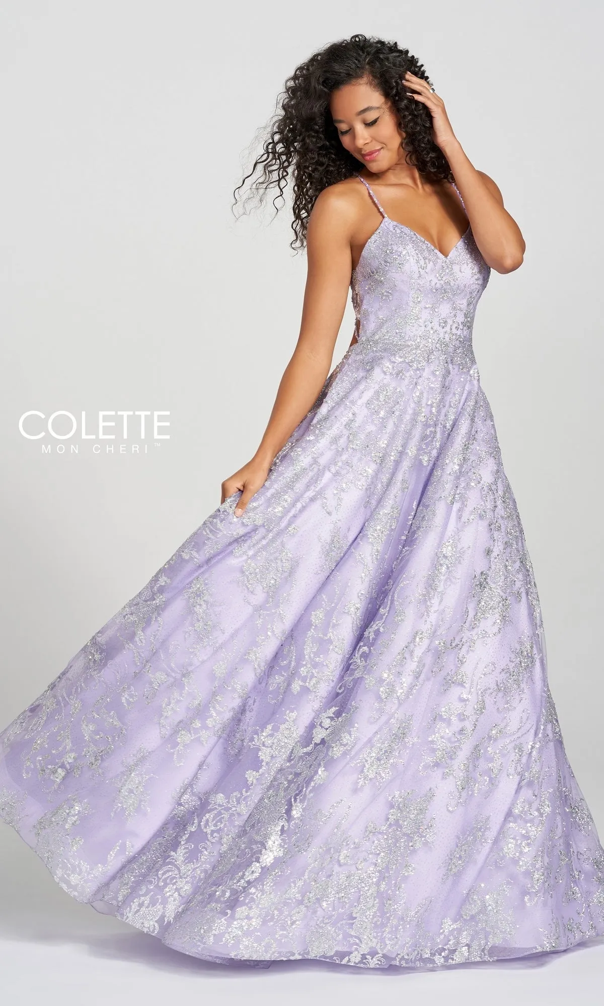 Violet Purple Prom Dress with Silver Glitter Print sold by PromGirl