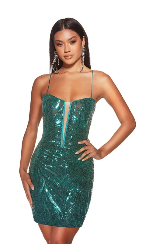 Alyce Back-Tie Short Sequin-Print Hoco Dress 4890 sold by PromGirl