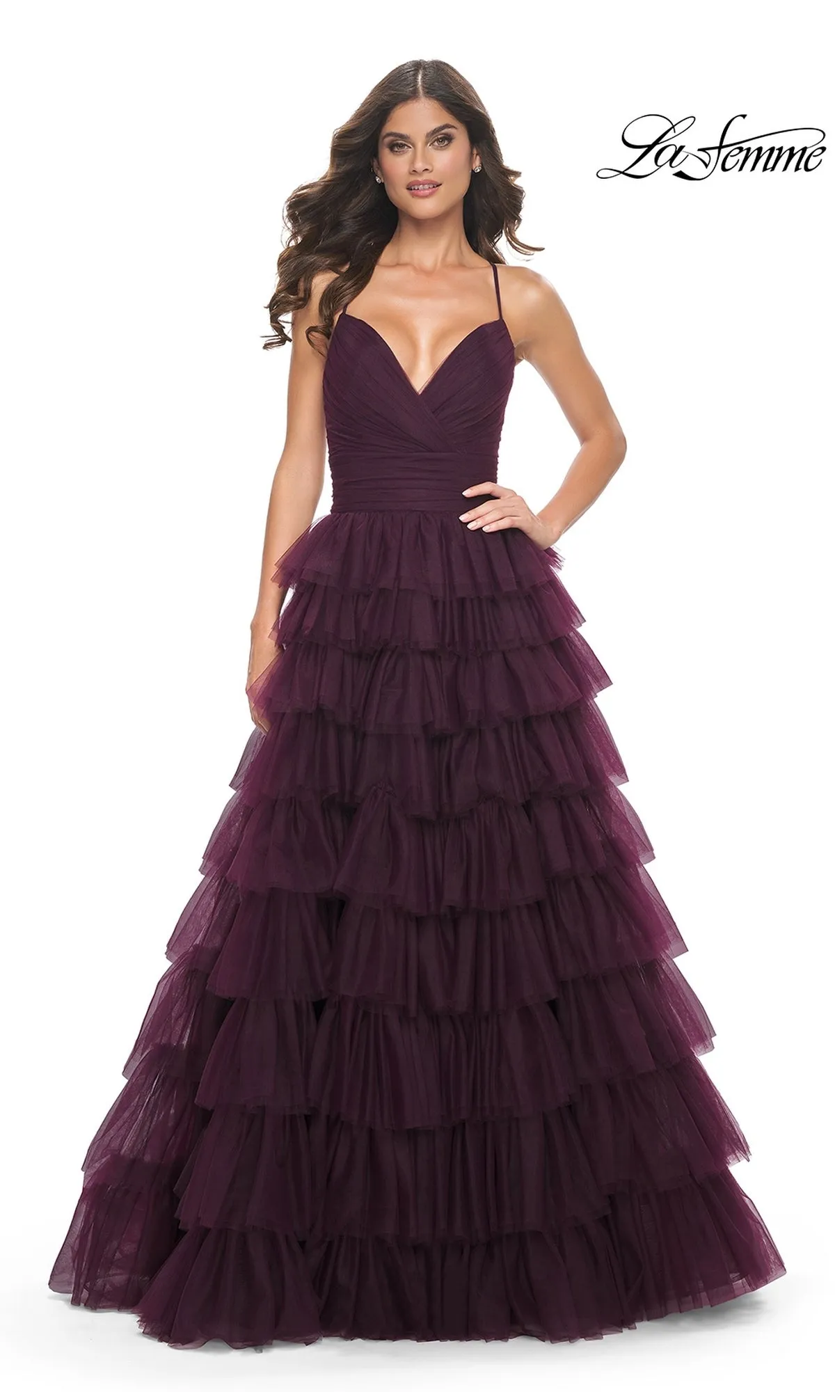 La Femme Lace-Up Long Tiered Prom Dress 32086 sold by PromGirl product image thumbnail 3