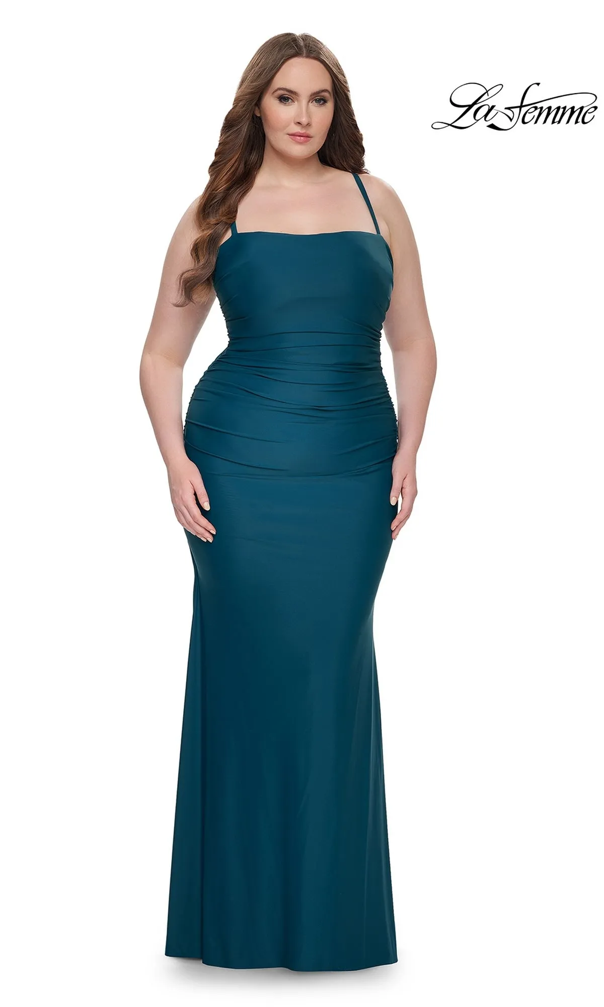 La Femme Plus-Size Lace-Up Long Prom Dress 32195 sold by PromGirl