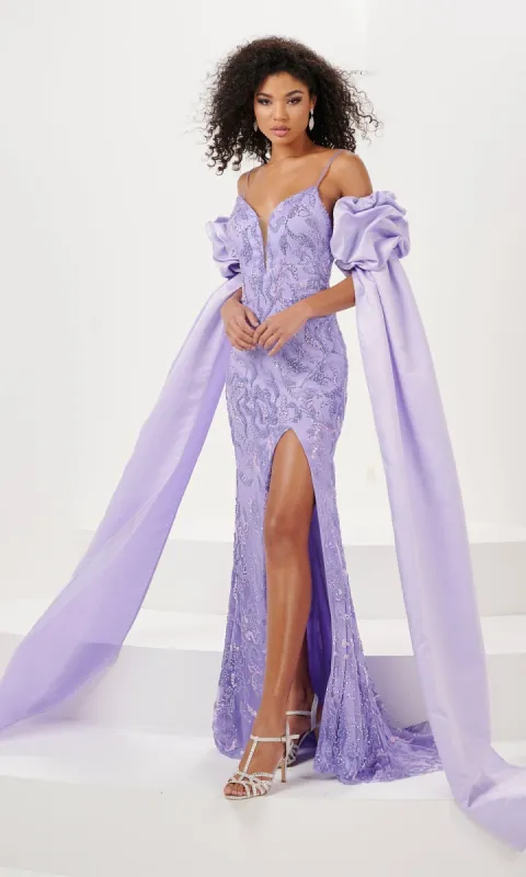 Sequin-Print Draped-Sleeve Long Prom Dress 14155 sold by PromGirl
