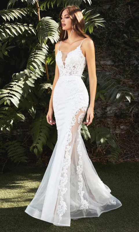 Long White Lace Formal Dress: Ladivine CD937W sold by PromGirl
