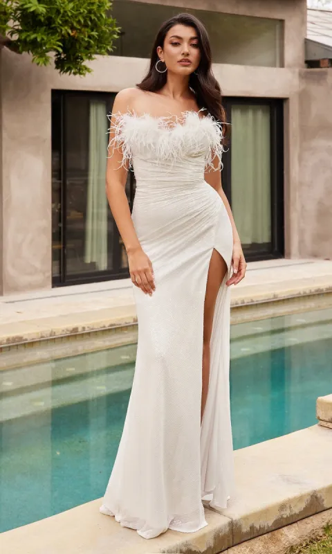 Feathered Strapless Long White Prom Dress CH147W sold by PromGirl