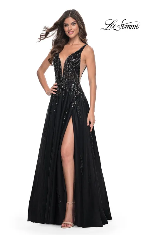 La Femme Deep V-Neck Long Black Prom Dress 32345 sold by PromGirl