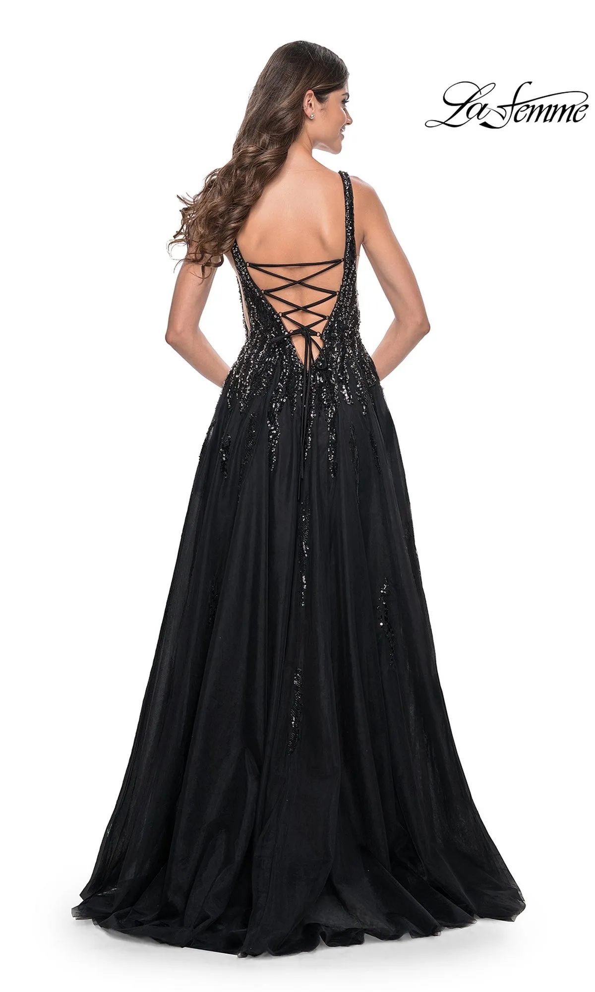 La Femme Deep V-Neck Long Black Prom Dress 32345 sold by PromGirl product image thumbnail 2