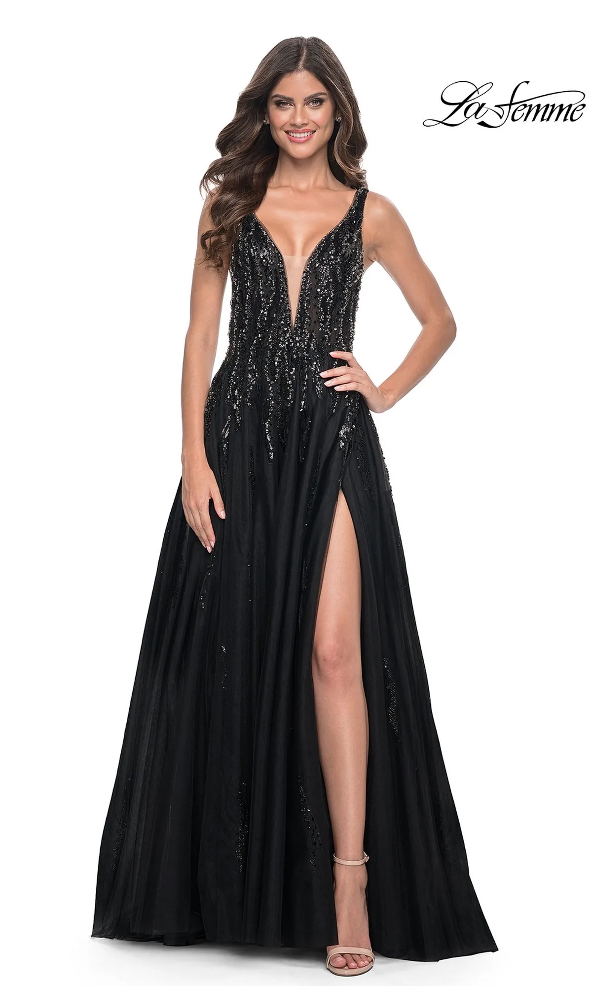 La Femme Deep V-Neck Long Black Prom Dress 32345 sold by PromGirl product image thumbnail 3
