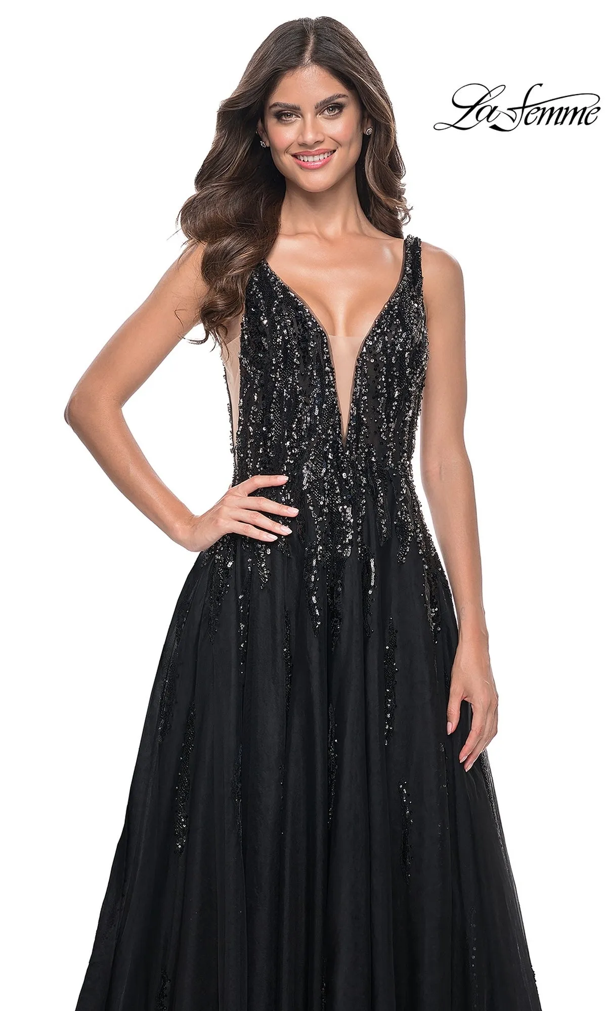 La Femme Deep V-Neck Long Black Prom Dress 32345 sold by PromGirl product image thumbnail 5