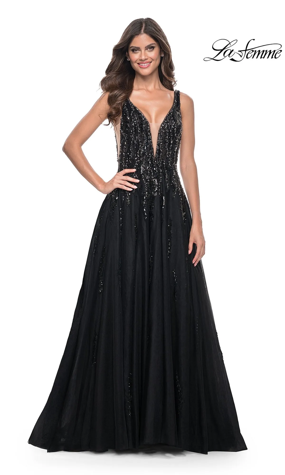 La Femme Deep V-Neck Long Black Prom Dress 32345 sold by PromGirl product image thumbnail 4
