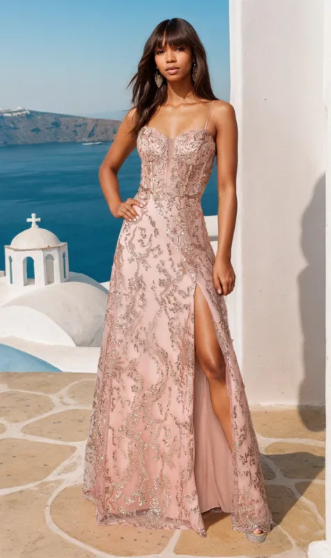 Long Glitter-Print Prom Dress: Dancing Queen 4402 sold by PromGirl