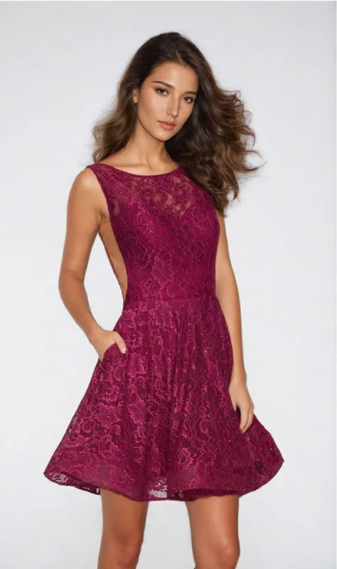 Open-Back Short Lace Party Dress: La Femme 26616 sold by PromGirl