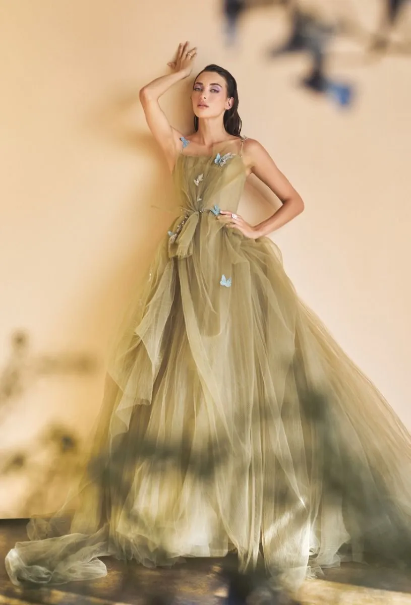 Long Pastel Green Butterfly Prom Ball Gown A1113 sold by PromGirl