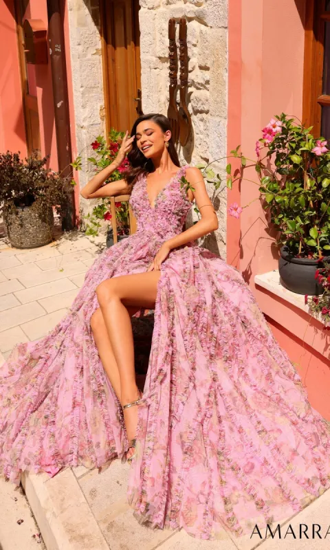 Ruffled Long Pink Floral-Print Prom Dress 88824 sold by PromGirl