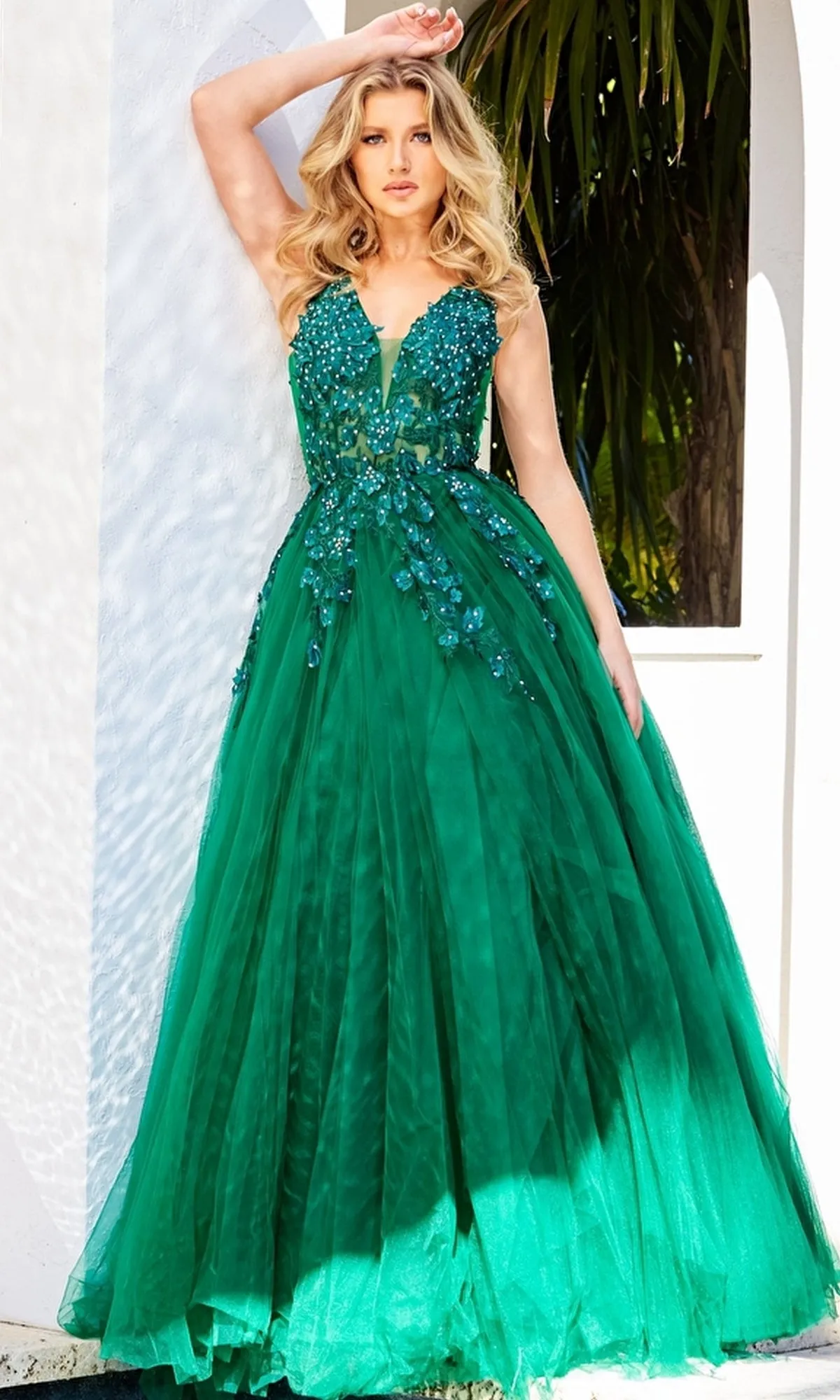 Jovani Sheer Prom Ball Gown with Floral Appliques sold by PromGirl product image thumbnail 3