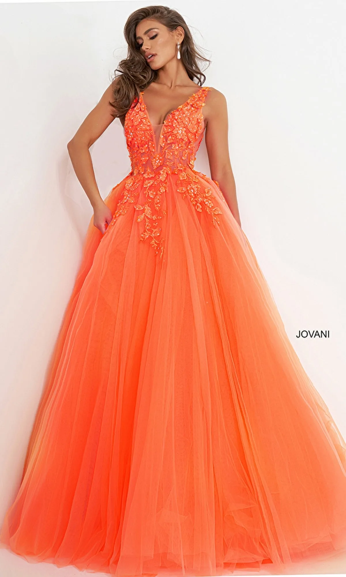 Jovani Sheer Prom Ball Gown with Floral Appliques sold by PromGirl product image thumbnail 5