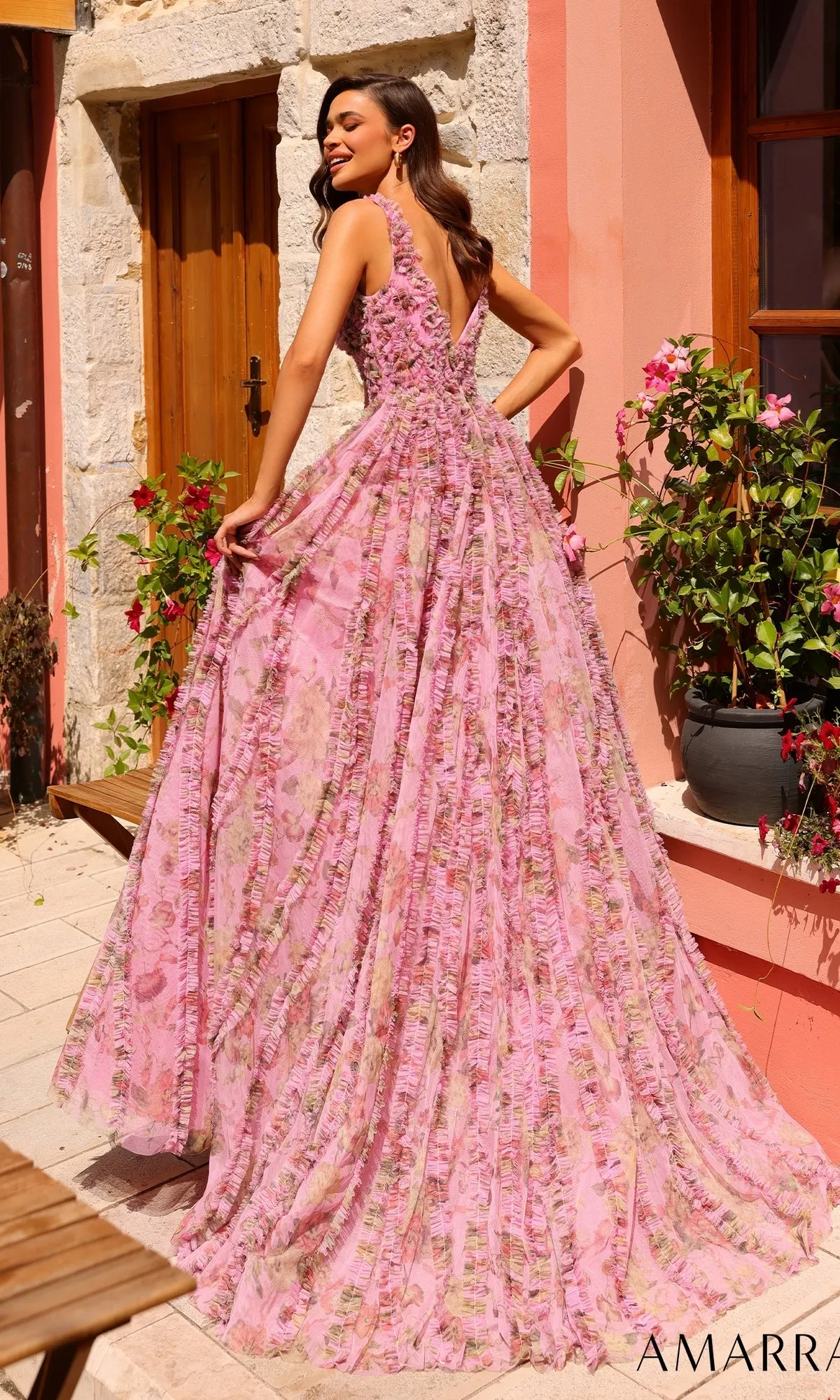Ruffled Long Pink Floral-Print Prom Dress 88824 sold by PromGirl product image thumbnail 2