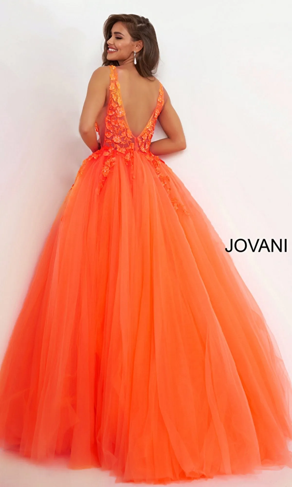 Jovani Sheer Prom Ball Gown with Floral Appliques sold by PromGirl product image thumbnail 2