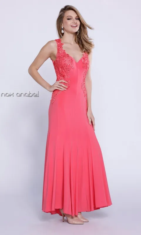 Sheer-Back Coral Pink Long Prom Dress sold by PromGirl