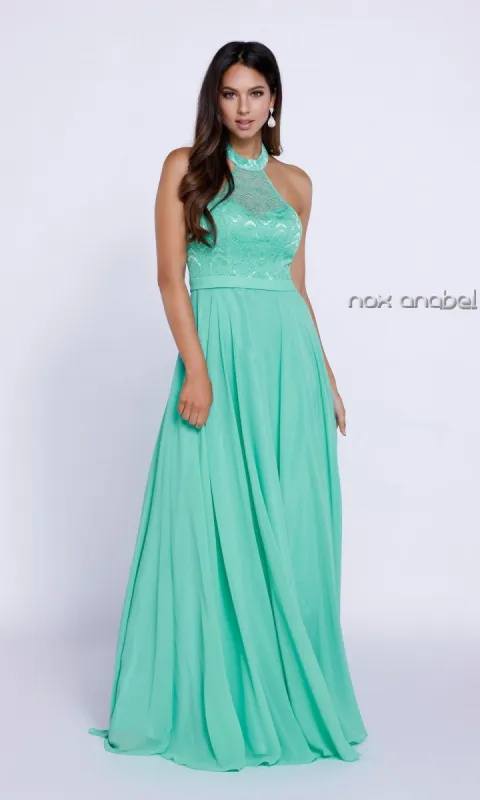 Lace-Halter Long Chiffon Prom Dress sold by PromGirl