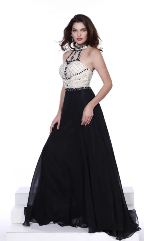 Beaded-Bodice Black and White Long Prom Dress sold by PromGirl