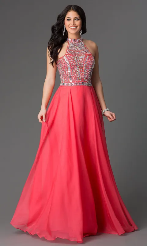 High-Neck Beaded-Bodice Long Prom Dress sold by PromGirl