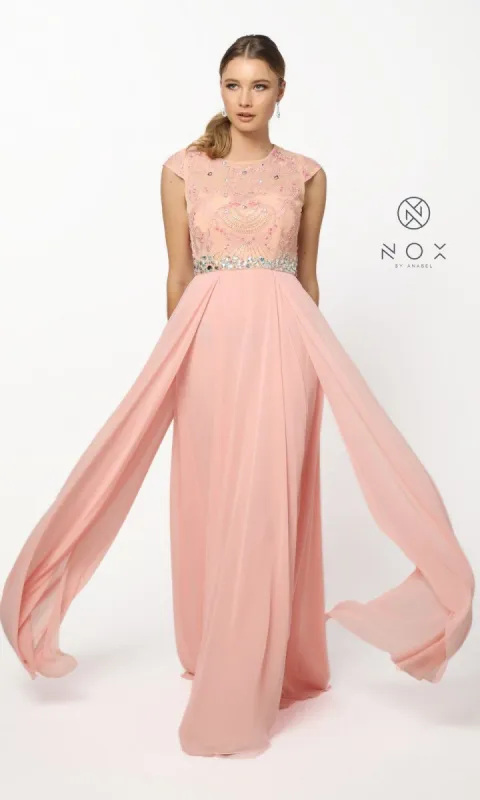 Cap-Sleeve Long Formal Prom Dress with Beads sold by PromGirl
