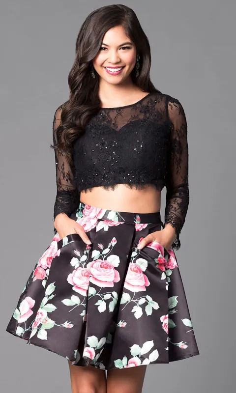 Two-Piece Short Lace & Floral Prom Dress sold by PromGirl