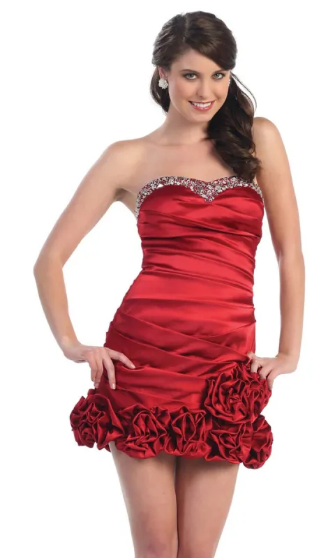 Short Strapless Party Dress with Rosette Hem sold by PromGirl