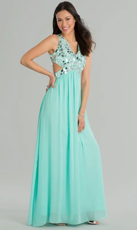 V-Neck Long Prom Dress with Cut-Out Back made by PromGirl