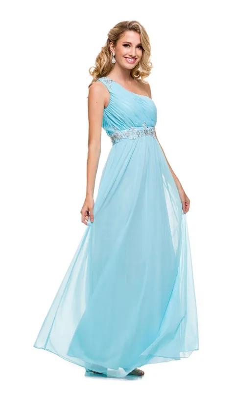 One-Shoulder Pleaded-Bodice Long Prom Dress sold by PromGirl
