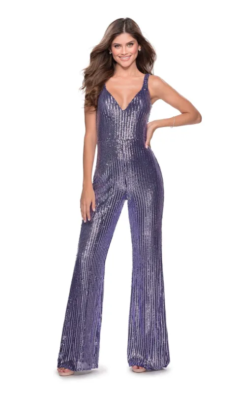 La Femme V-Neck Striped Sequin Formal Jumpsuit 28722 made by La Femme