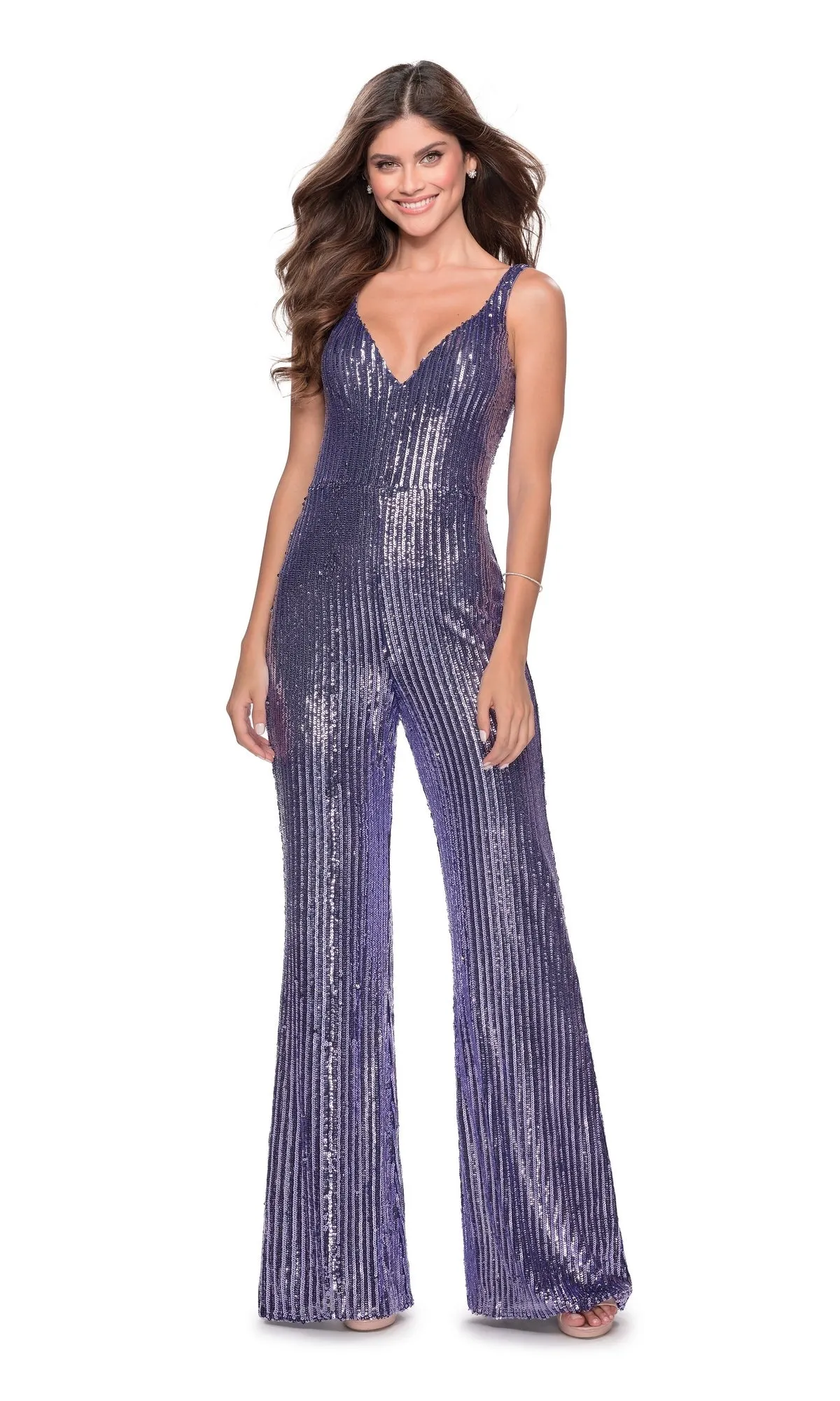 La Femme V-Neck Striped Sequin Formal Jumpsuit 28722 sold by PromGirl product image thumbnail 3