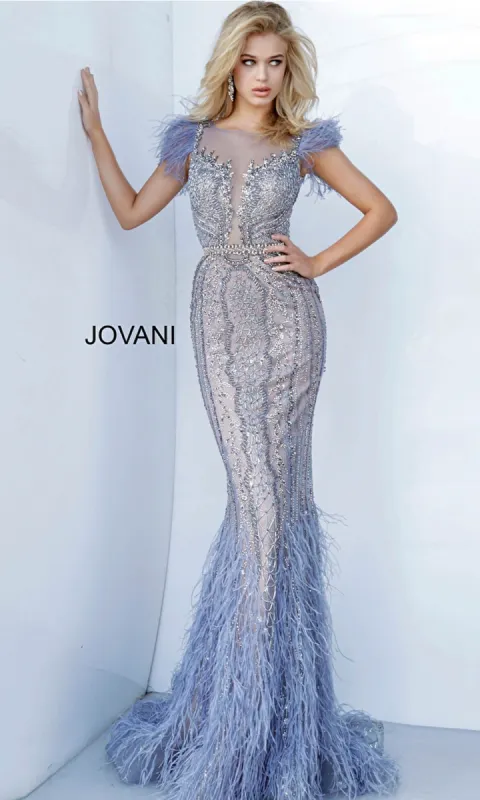 Jovani Light Blue Feather Long Pageant Dress 02326 made by Jovani