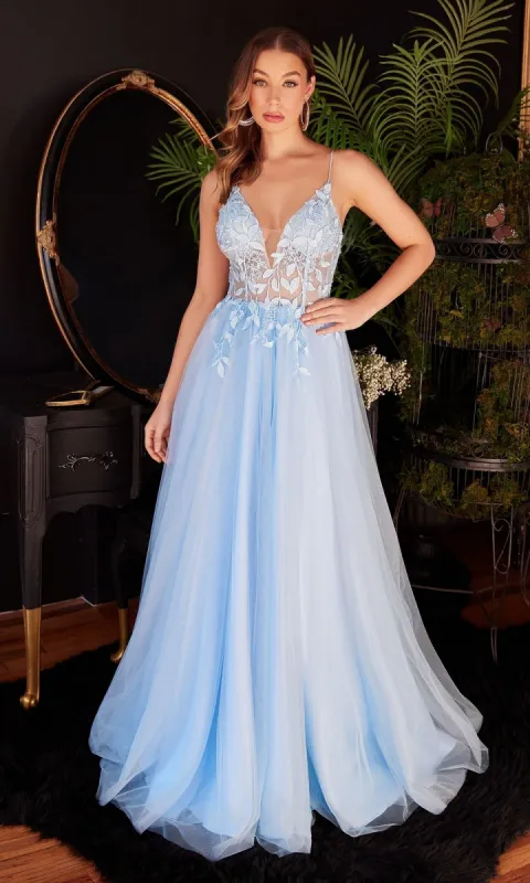 Sheer-Bodice Long A-Line Tulle Prom Dress CD2214 sold by PromGirl