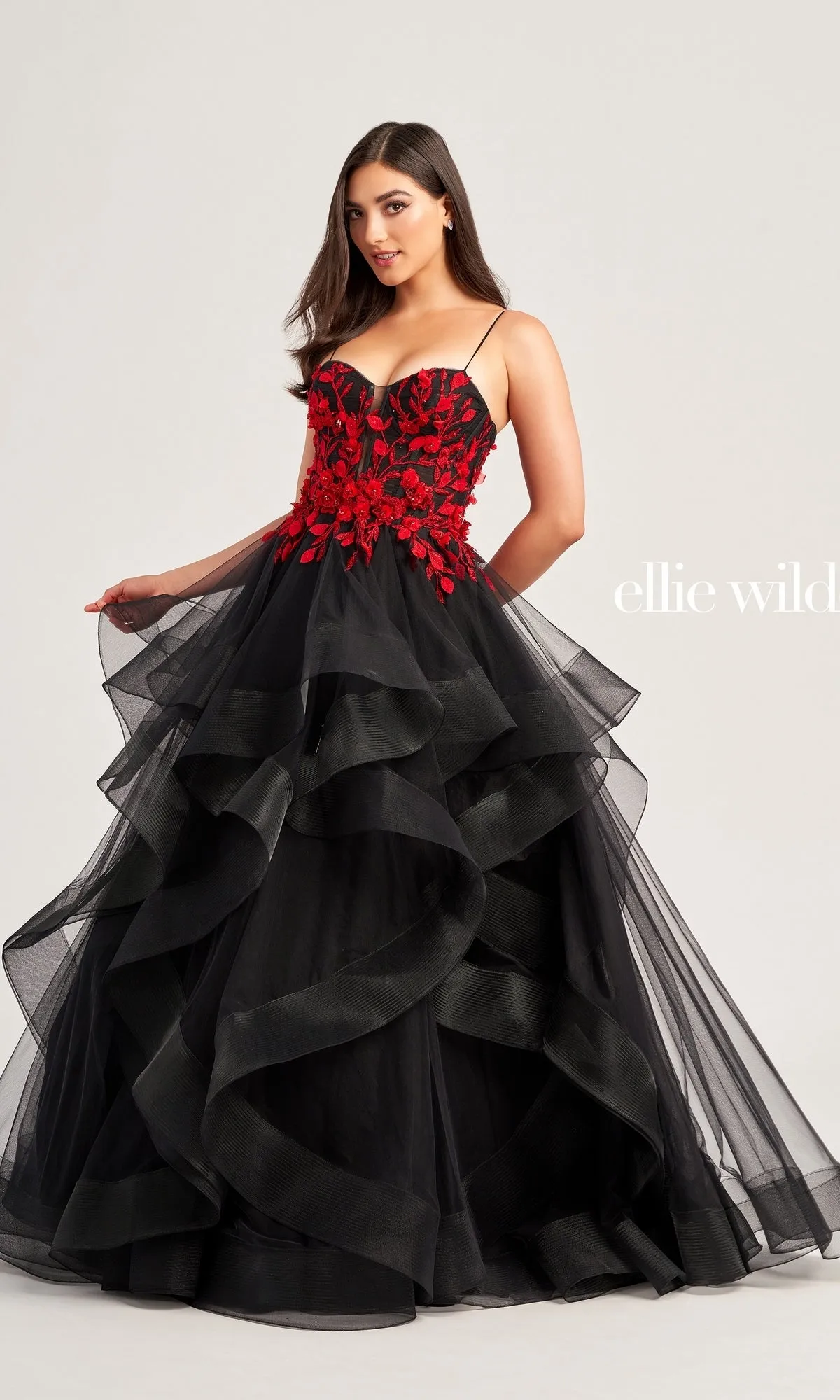 Ellie Wilde Floral Long Tiered Ball Gown EW35070 sold by PromGirl